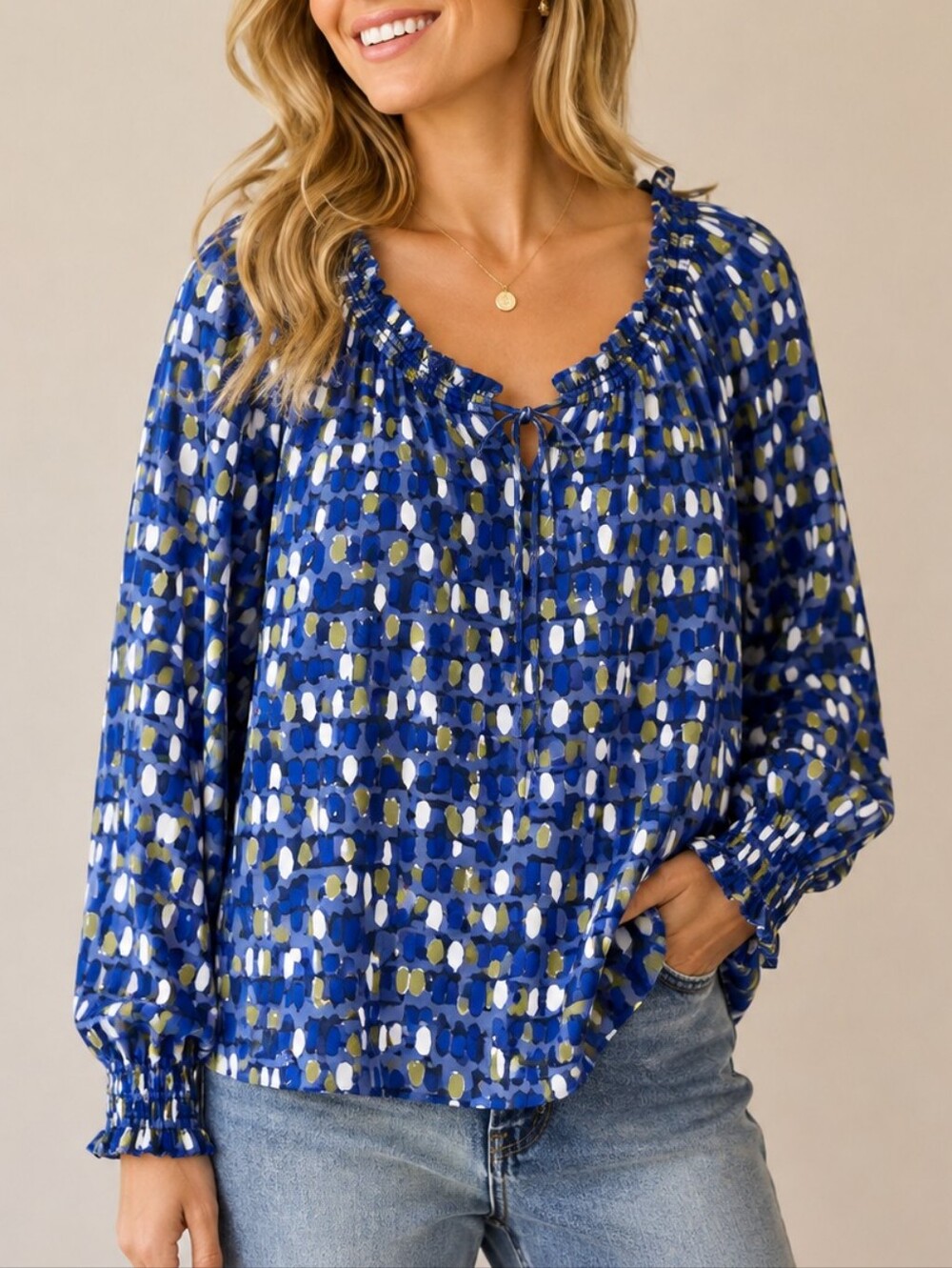 Boden Blue Pebble Print Peasant Blouse Ruffle Neck Long Sleeve Womens US 4 Small